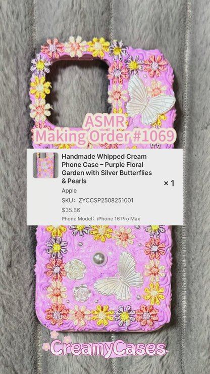 Handmade lilac whipped cream phone case with silver butterflies and flowers
