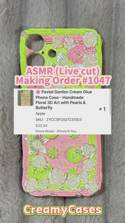 🌸 Pastel Garden Cream Glue Phone Case – Handmade Floral 3D Art with Pearls & Butterfly