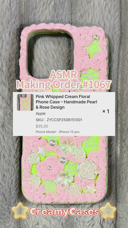 Pink Whipped Cream Floral Phone Case – Handmade Pearl & Rose Design
