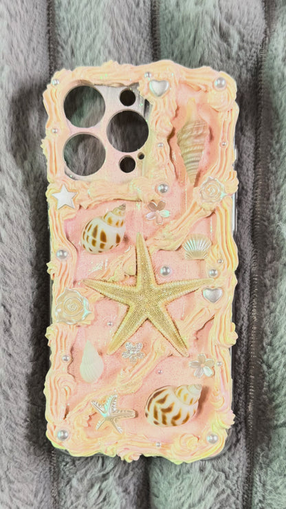Handmade Ocean Cream Phone Case with Real Seashells & Starfish – Pastel Aesthetic