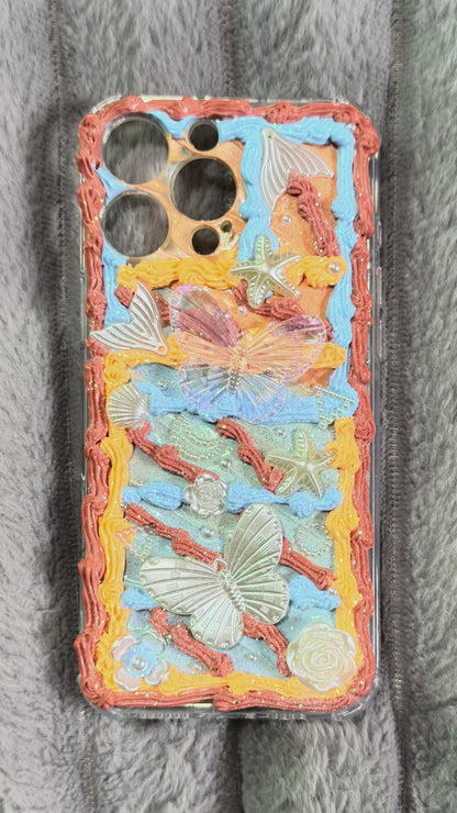 Handmade Creamy Whipped Ocean Sunset Butterfly Phone Case | 3D Decoden Style