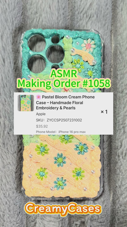 🌸 Pastel Bloom Cream Phone Case – Handmade Floral Embroidery & Pearls