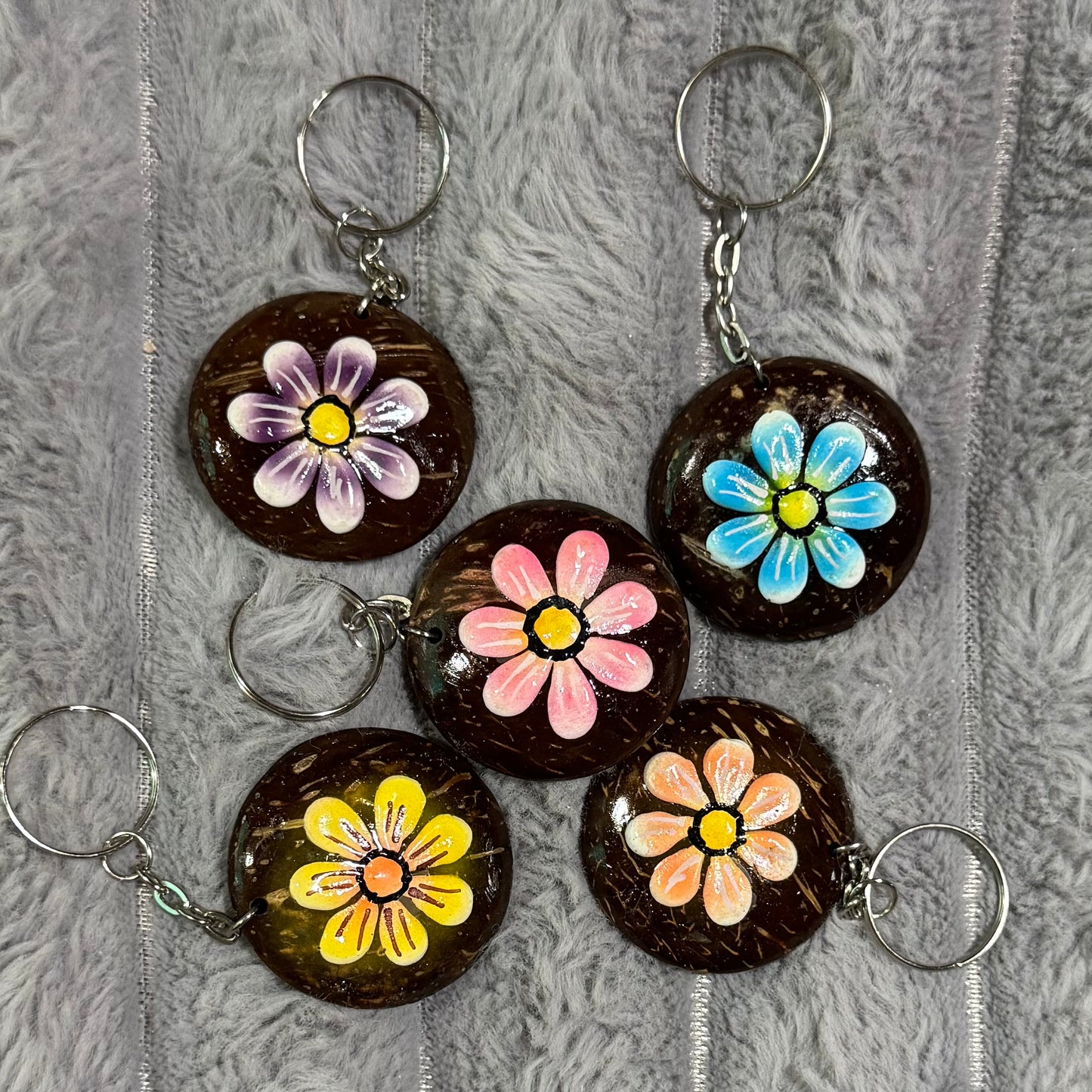 Hand-Painted Coconut Shell Flower Keychains 006